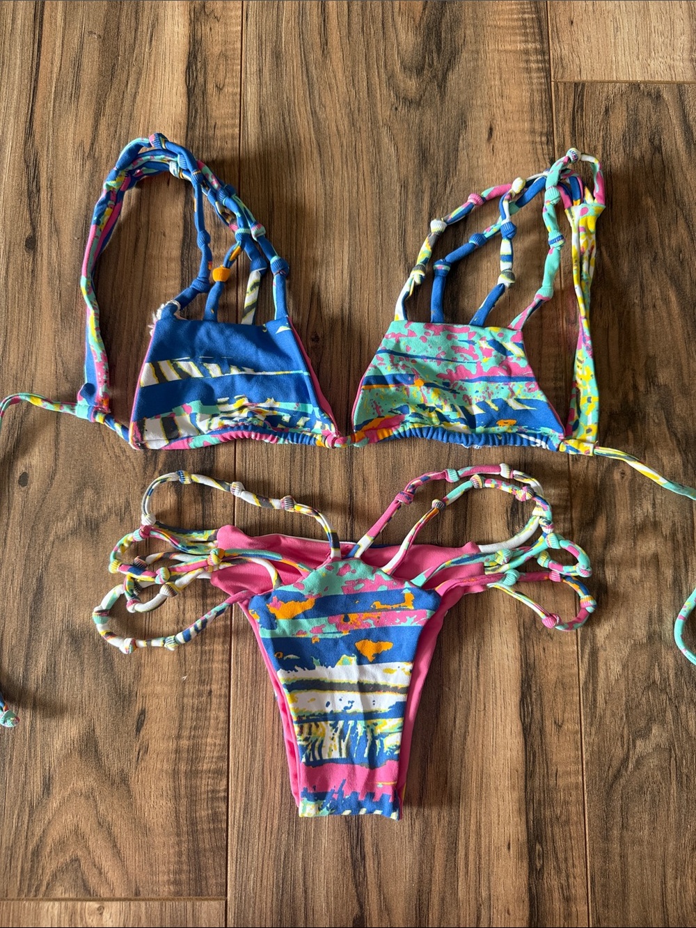 Pink & Multicolor Strappy Bikini Set
